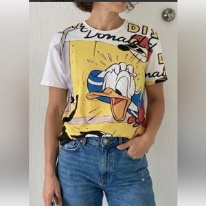 Zara White, Yellow & Blue Donald Duck Graphic Short Sleeve Tee